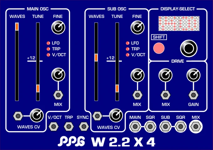 Blue faceplate for PPG W 2.2x4 oscillator, showing patch points, main and sub osc with waves and tune settings, and display.