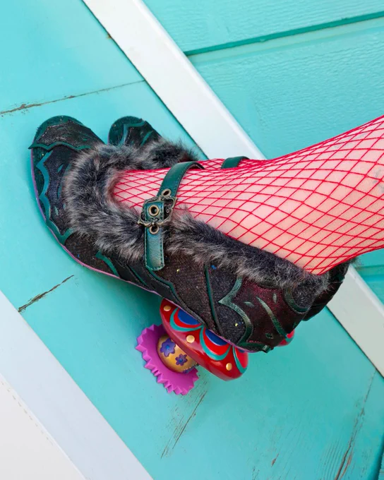Irregular Choice 'Velvet Parasol' concept heels. Colourful mushroom heel, fur trim, dark body