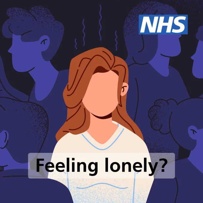 Illustration of a  woman surrounded by people in conversation with each other. Text reads: ’Feeling lonely?’