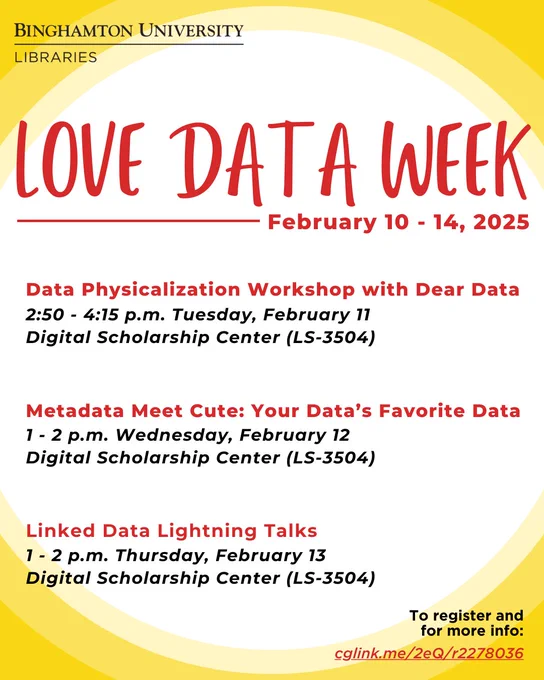 Love Data Week Flyer. Text reads: Love Data Week February 10 - 14, 2025. Data Physicalization Workshop with Dear Data. 2:50 - 4:15 p.m. Tues, Feb 11. Metadata Meet Cute: Your Data's Favorite Data 1-2 p.m. Wed, Feb 12. Linked Data Lightning Talks 1 - 2 p.m. Thur Feb 13. All events in the Digital Scholarship Center (LS-3504)
