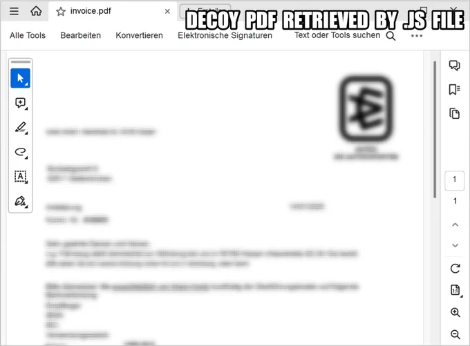 Decoy PDF retrieved by JS file. Screenshot of a PDF file titled 'invoice.pdf' displayed in a PDF editing software with various tools visible on the left side.