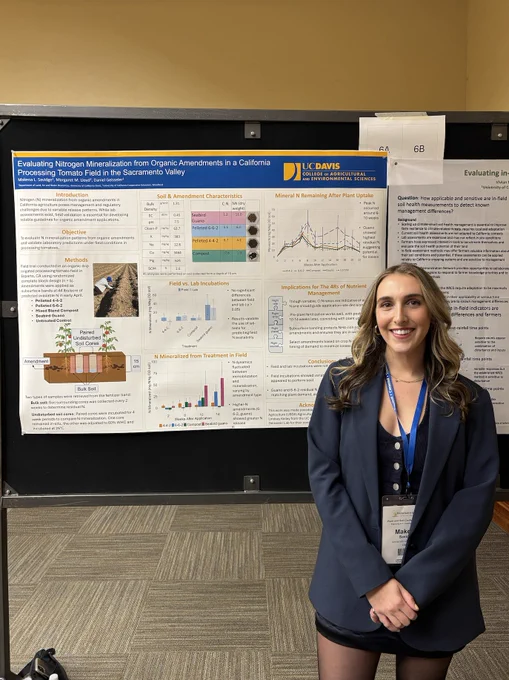 SBG student Makena standing with her poster titled "Evaluating Nitrogen Mineralization from Organic Amendments in a California Processing Tomato Field in the Sacramento Valley."