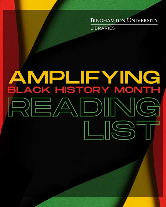 Red, green, yellow and black design honoring the Black History Month colors. Text reads: Amplifying Black History Month Reading List.