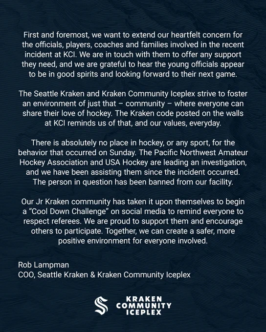 Dark blue wave graphic with white text and white Seattle Kraken and Kraken Community Iceplex logos.