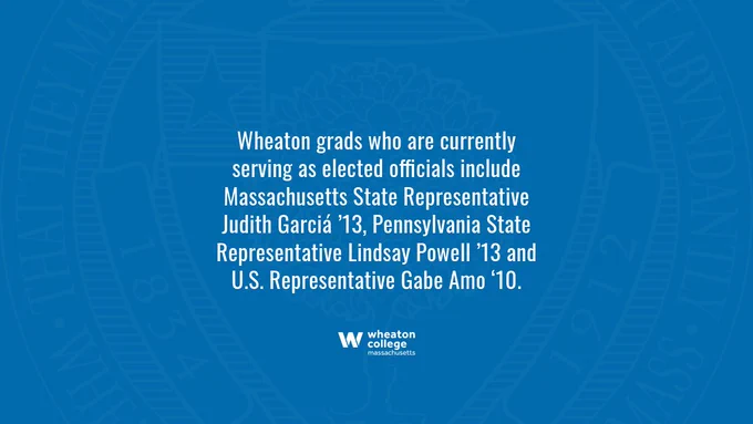 Promotional graphic from Wheaton College Massachusetts highlighting alumni who are elected officials, including Judith García '13, Pennsylvania State Representative Lindsay Powell '13, and U.S. Representative Gabe Amo '10.