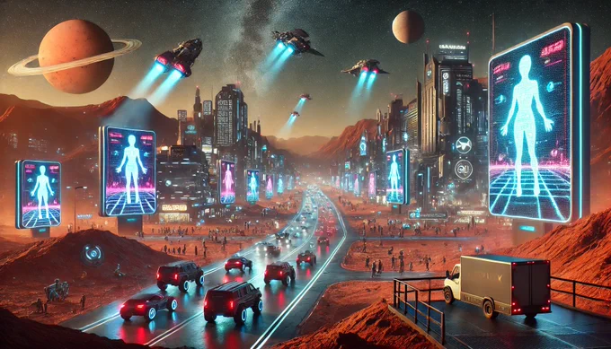 A futuristic scene set on Mars at nighttime, with digital outdoor advertising billboards lighting up the Martian cityscape. #Mars #DOOH #OutdoorAdvertising #DigitalMarketing