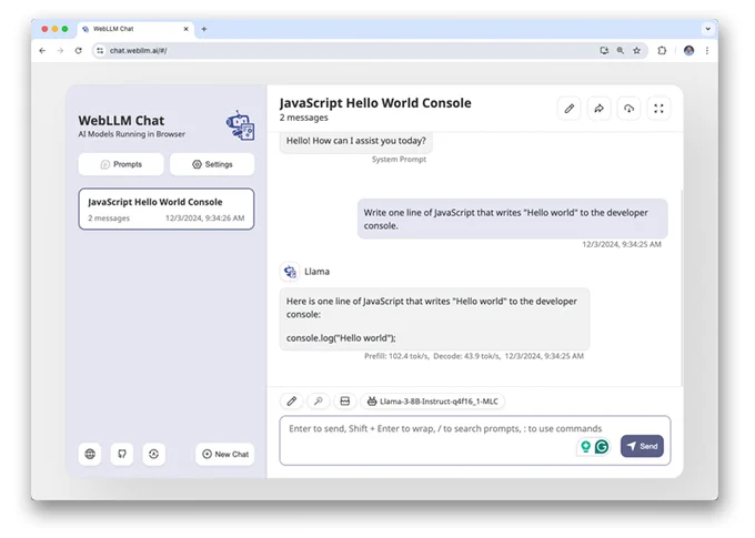 Build a local and offline-capable chatbot with WebLLM 

WebLLM is a web-based runtime for LLMs provided by Machine Learning Compilation. You can try out WebLLM as a standalone application. The application is inspired by cloud-backed chat applications, such as Gemini, but the LLM inference is run on your device instead of the cloud. Your prompts and data never leave your device, and you can be sure that they aren't used to train models.