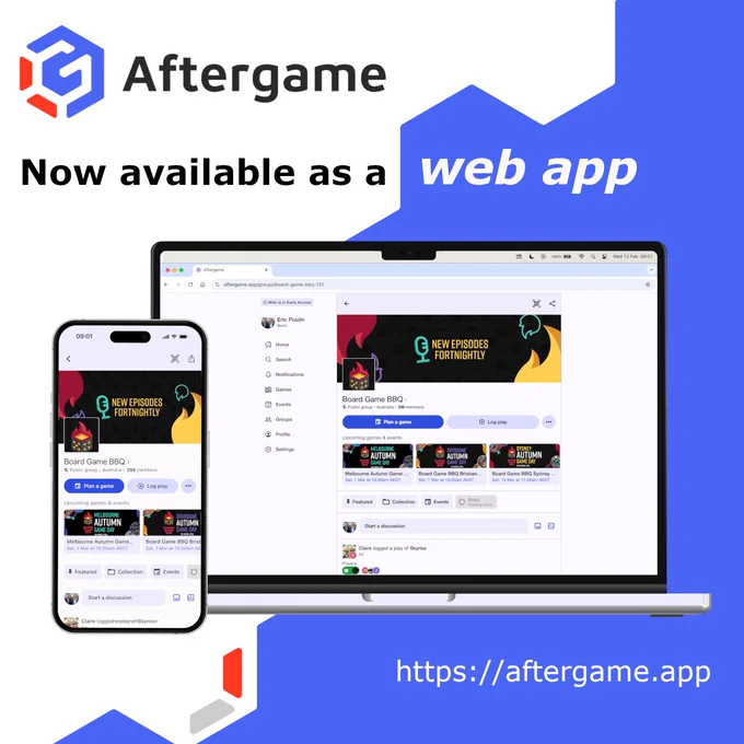 An announcement image with the words "Now available as a web app" meaning that you no longer need a mobile app to use Aftergame. Pictured: a mobile screenshot and the same screen on desktop to show how it translates to the new medium.