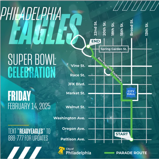 Graphic with a map showing the route for the Philadelphia Eagles Super Bowl Celebration, taking place on February 14.

Text READYEAGLES to 888-777 for updates.