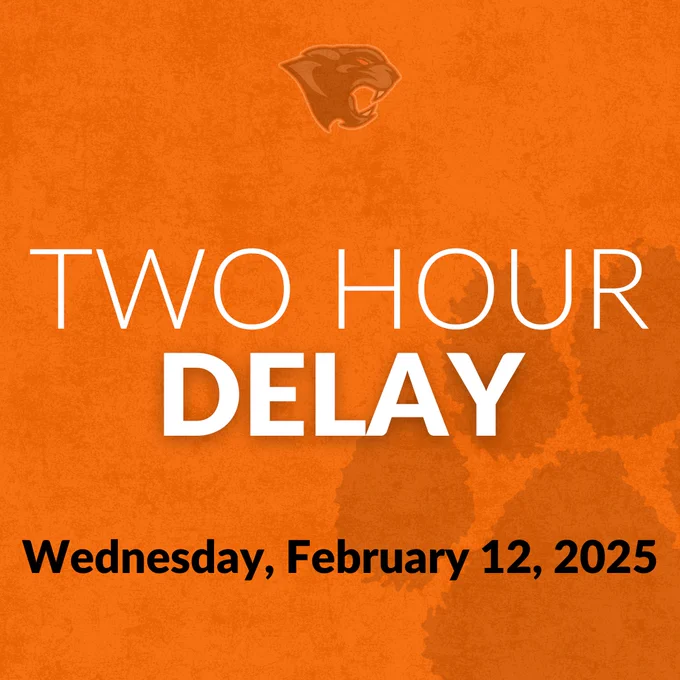 Two-hour delay graphic for Wednesday, February 12, 2025. Faded panther paw and panther head on an orange background. 