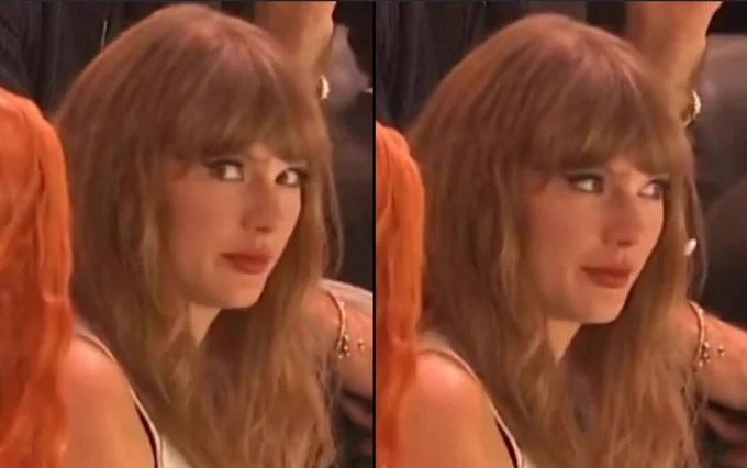 Frame 1: Taylor Swift looking at the camera.

Frame 2: Taylor Swift looking away. 