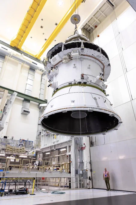 A massive crane lifts NASA’s Orion spacecraft out of the Final Assembly and System Testing cell and moves it to the altitude chamber to complete further testing on Thursday, Nov. 7, 2024, inside the Neil A. Armstrong Operations and Checkout building at NASA’s Kennedy Space Center in Florida. The altitude chamber simulates deep space vacuum conditions, and the testing will provide additional data to augment data gained during testing earlier this summer.
Credit: NASA/Kim Shiflett