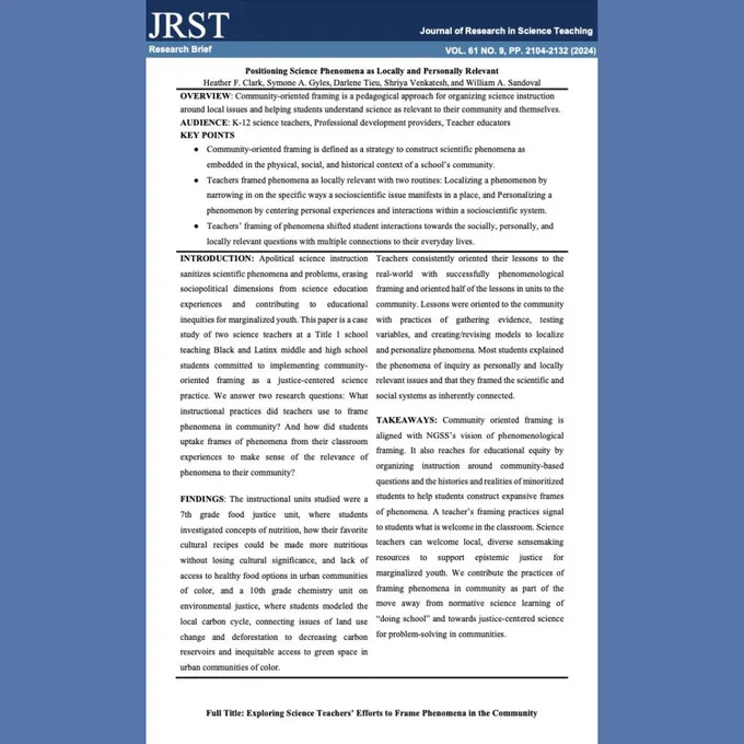 Research brief of Dr. Heather Clark's publication "Exploring science teachers' efforts to frame phenomena in the community," that includes overview, audience, key points, introduction, findings, and takeaways.