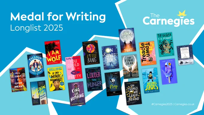 Text reads 'Medal for Writing Longlist 2025' with the Carnegies logo and book covers of the longlisted titles. Full list of titles available at the link in this post. 