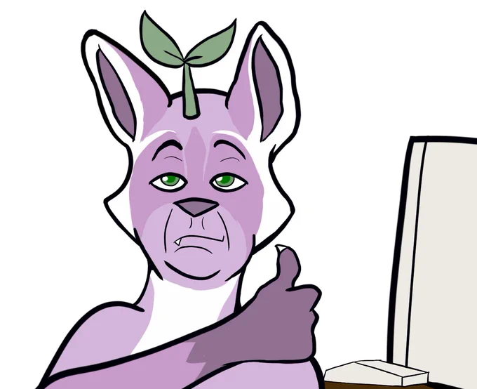 Joy the purple raccoon at the computer, giving thumbs up.