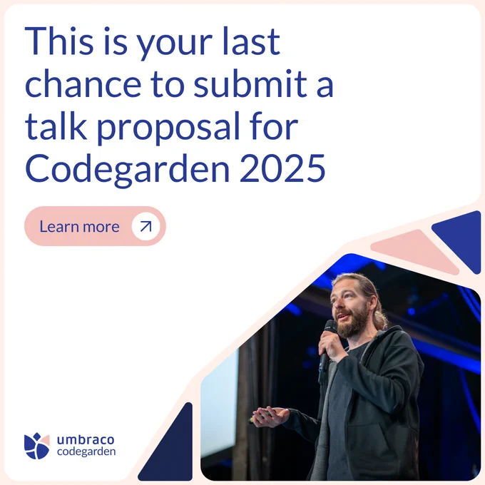 Promotional image for Codegarden 2025, featuring a man speaking on stage with a call to action that reads 'This is your last chance to submit a talk proposal for Codegarden 2025.' A 'Learn more' button is also visible.