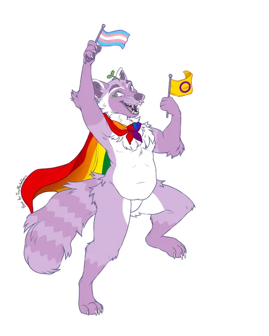 Joy the purple raccoon marching, wearing a rainbow cape and waving transgender and intersex pride flags.