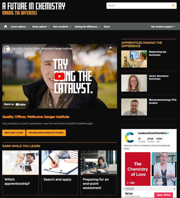 A screenshot from the RSC website A Future in Chemistry: Making the difference. It features a number of articles on apprenticeships and a youtube video.