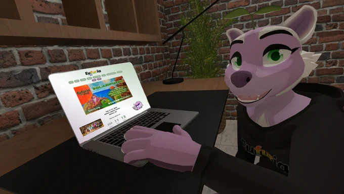 VR model of Joy the purple raccoon at the computer, looking at Eufuria.org website.