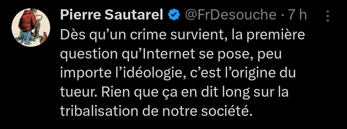 Tweet de Pierre Sautarel de Fdesouche 

Dès qu'un crime survient, la première question qu'internet se pose, peu importe l'idéologie, c'est l'origine du tueur. Rien que ça en dit long sur la tribalisation de notre société.