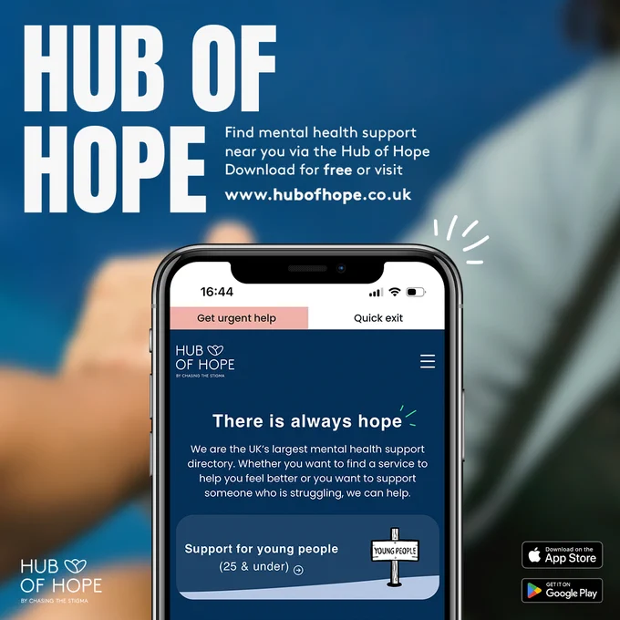 Bold graphic explaining what the Hub of Hope is, featuring an iPhone with the Hub of Hope app displayed.