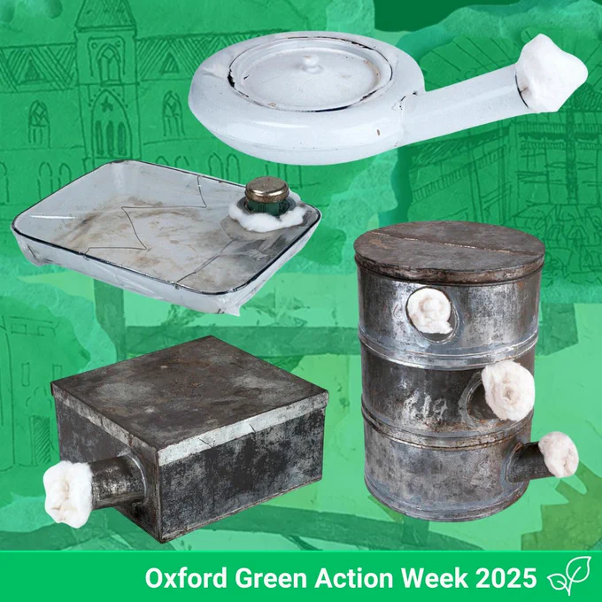 Stacked metal biscuit tins, pie dishes and bed pans on a green back ground. All have openings filled with wads of cotton to seal them. 