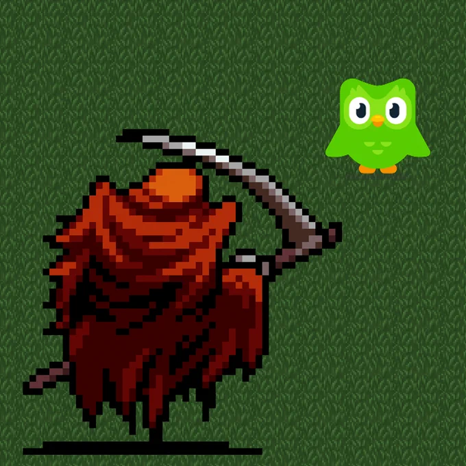 An image showing Red Death's back from Vampire Survivors, they are facing towards the green Duo Lingo owl. Both of them are stood on a green grass floor from Vampire Survivors.