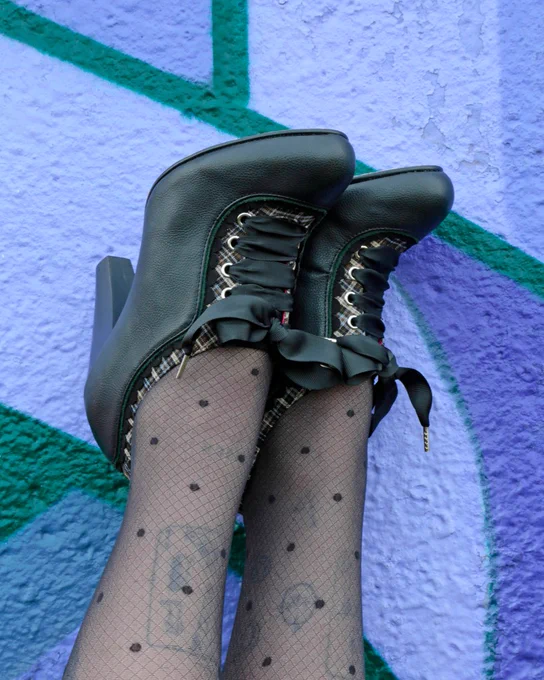 Irregular Choice 'Classico' heels. Black PU leather, brown plaid detail, black ribbon laces