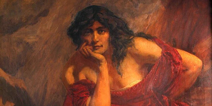 A painting of Ceridwen by Christopher Williams (1910), showing a woman in a red dress with dark brown hair