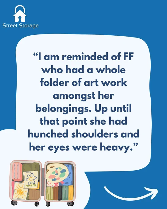 Text says: I am reminded of FF who had a whole folder of art work amongst her belongings. Up until that point she had hunched shoulders and her eyes were heavy.

Image in bottom left corner is of an open suitcase with clothes and a toiletries bag in. There is also some art work and paint palette.