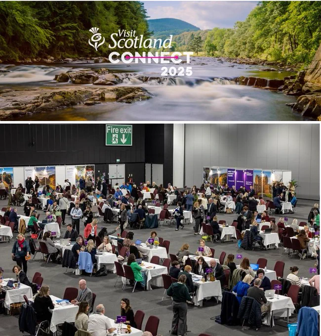 Graphic courtesy of VisitScotland 
Text: "VisitScotland Connect 2025 overlaid on a photograph of a river with trees either side and a hill in the background.

Bottom:
Photograph taken during VisitScotland Connect 2024 showing the business meetings taking place at the event in P and J Live.
