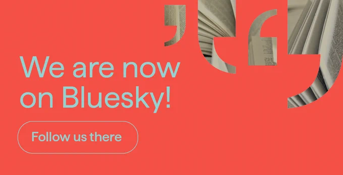 Dark orange background and jade writing "We are now on Bluesky! Follow us there". De Gruyter Brill icons in the top right corner filled out with pages from opened books.