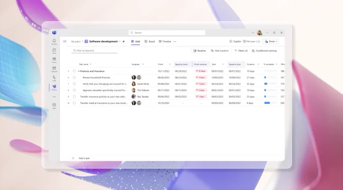 A screenshot of the Planner app in Microsoft Teams shows a list of tasks and their current status compared to the original baseline. Background includes colorful shapes in shades of pink, purple, and blue.