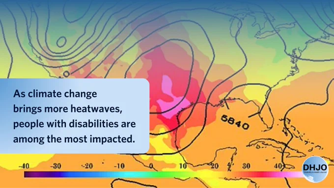 As climate change brings more heatwaves, people with disabilities are among the most impacted. A weather map of the United States showing a heatwave over the south. Disability and Health Journal.