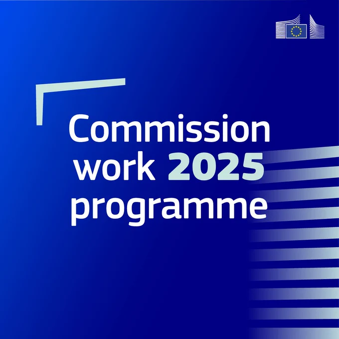 Graphic with a blue gradient background displaying the text 'Commission work 2025 programme' in white and light blue. The European Commission logo is in the top right corner, and decorative lines representing the Berlaymont and a bracket add visual structure.