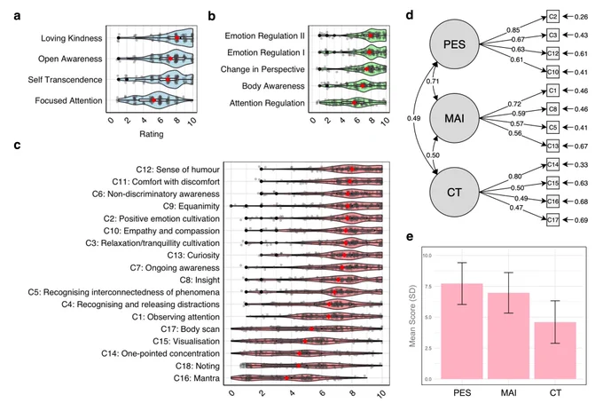 Figure 2. Perceived helpfulness of meditation practices, processes, and factor analysis of meditative elements for psychedelic preparation. (a) Violin plots showing rating distributions with individual data points (grey dots), means (red diamonds), and medians with interquartile ranges (black boxplots) for meditation practices: Loving Kindness, Open Awareness, Self Transcendence, and Focused Attention. All pairwise comparisons significant (p < .001) except between Open Awareness and Self Transcendence (ns); (b) Violin plots as in (a) showing ratings for meditation-related processes: Emotion Regulation II, Emotion Regulation I, Change in Perspective, Body Awareness, and Attention Regulation. Attention Regulation rated significantly lower than all other processes (p < .001); (c) Violin plots as in (a) showing importance ratings for 18 distinct meditative elements (C1-C18), ordered by mean rating; (d) Exploratory factor analysis loadings showing three factors: Positive Emotional States (P
