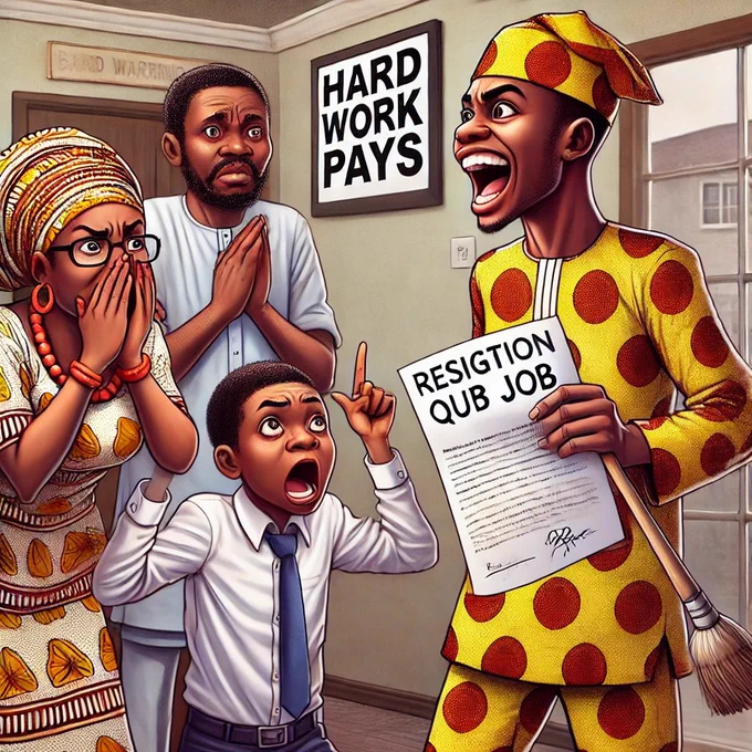 A young Nigerian man excitedly announces he quit his banking job to chase his passion, while his shocked parents, dressed in traditional attire, look furious—his mother points to the door, and his father folds his arms in disappointment, with a framed “Hard Work Pays” sign hanging in the background.