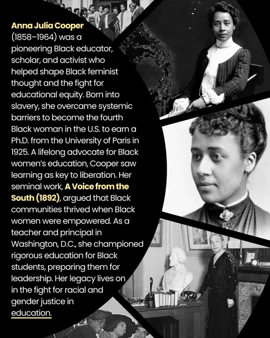Slide 2: Set against a black background are greyscale photos of Anna J. Cooper. Alongside them is a brief biography highlighting her life and legacy, focusing on her contributions to education, including the seminal work, A Voice from the South (1892).
