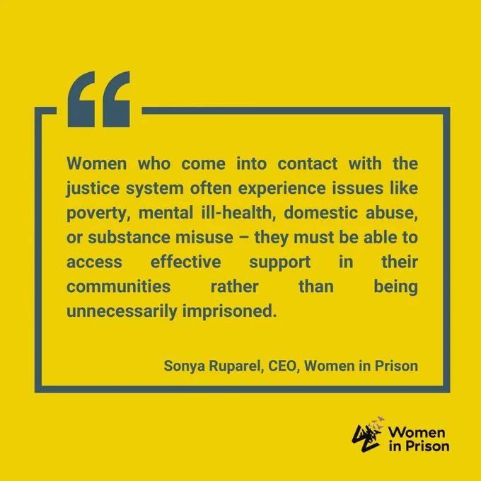 Ochre yellow graphic with steel blue text reads: "Women who come into contact with the justice system – often experience issues like poverty, mental ill-health, domestic abuse, or substance misuse – they must also be able to access effective support in their communities rather than being unnecessarily imprisoned" Sonya Ruparel, CEO of Women in Prison 