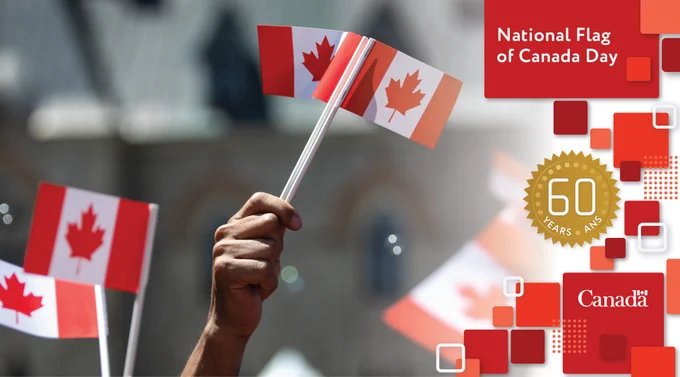A hand in the crowd raises two paper Canadian flags.

Text reads:
National Flag of Canada Day
60 years / ans

Canada wordmark