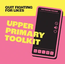 A mobile phone image on a pink background with the writing "upper primary toolkit" in yellow text.