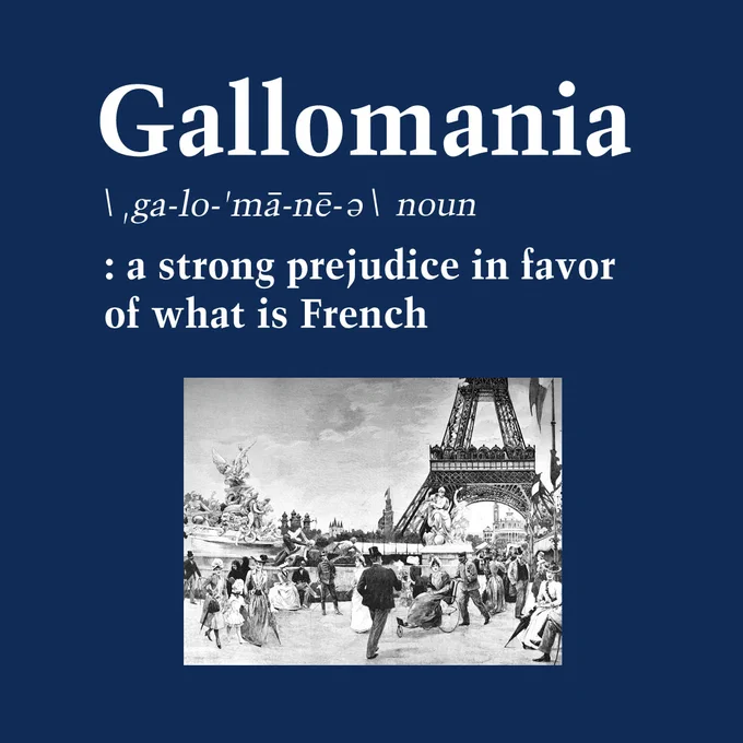 Gallomania
ˌga-lō-ˈmā-nē-ə
noun 
a strong prejudice in favor of what is French

Background Image: an illustration of France 