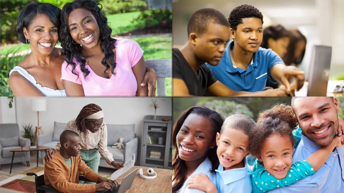 Collage of 4 photographs of people of Black/African ancestry. The images feature people smiling at the camera as embrace as a family, or assist each other with a task at a computer. 