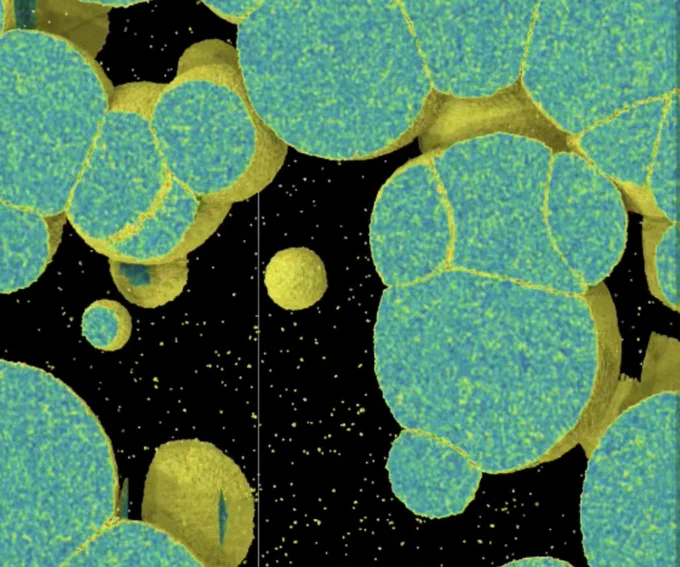 Black background with blobs of green and blue rimmed with yellow

A rendering of a million-atom molecular dynamics simulations of nucleation in hot dense carbon liquid. Image courtesy of Ivan Oleynick, University of South Florida.