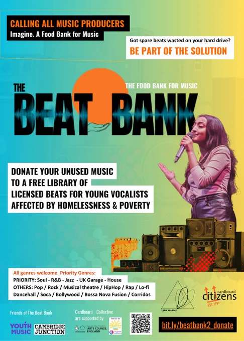 The Beat Bank - donate your unused music to a free library of licensed beats for young vocalists affected by homelessness and poverty. 