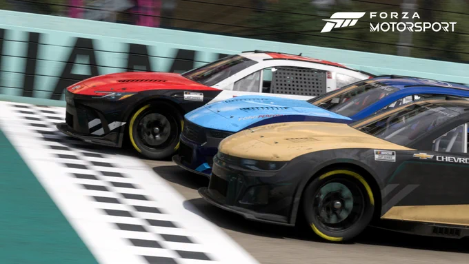 This screenshot shows a NASCAR race happening in Forza Motorsport. 