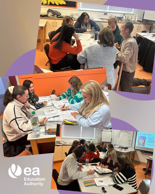 Staff in St Fanchea's College, Enniskillen, receive training from the EA's Specialist Setting Support Team in a classroom.
