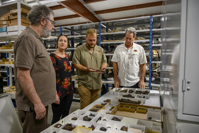 Four people are standing around a table covered in small boxes with different types of what look like fossils while surrounded by shelves storing many more boxes and trays of fossils