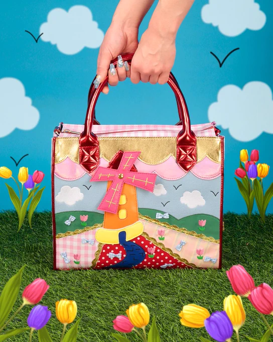Irregular Choice 'Far Afield' bag. Windmill themed box handbag, pink gingham, red metallic hardware