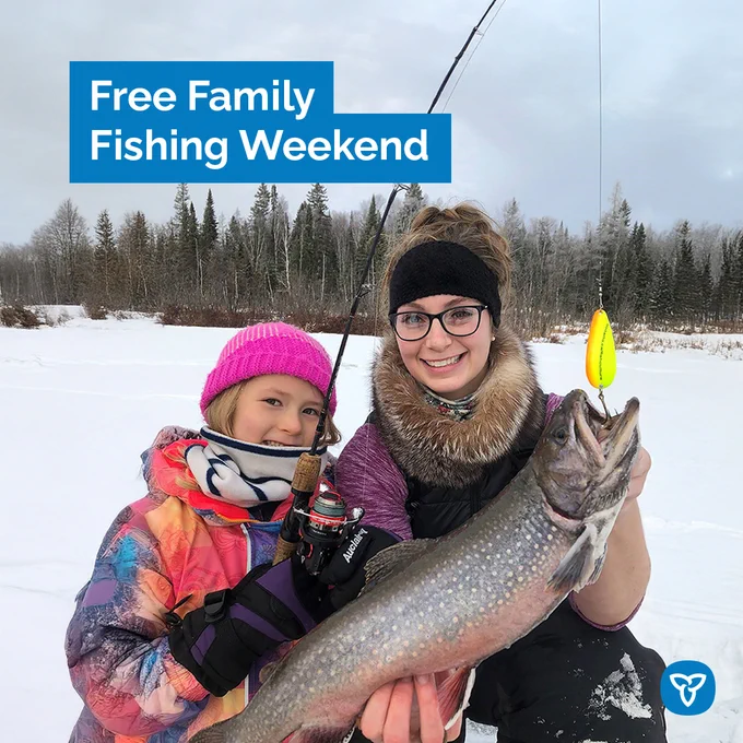 Alt text: A child and adult holding a fish and a fishing rod. Text reads, “Free Family Fishing Weekend.”